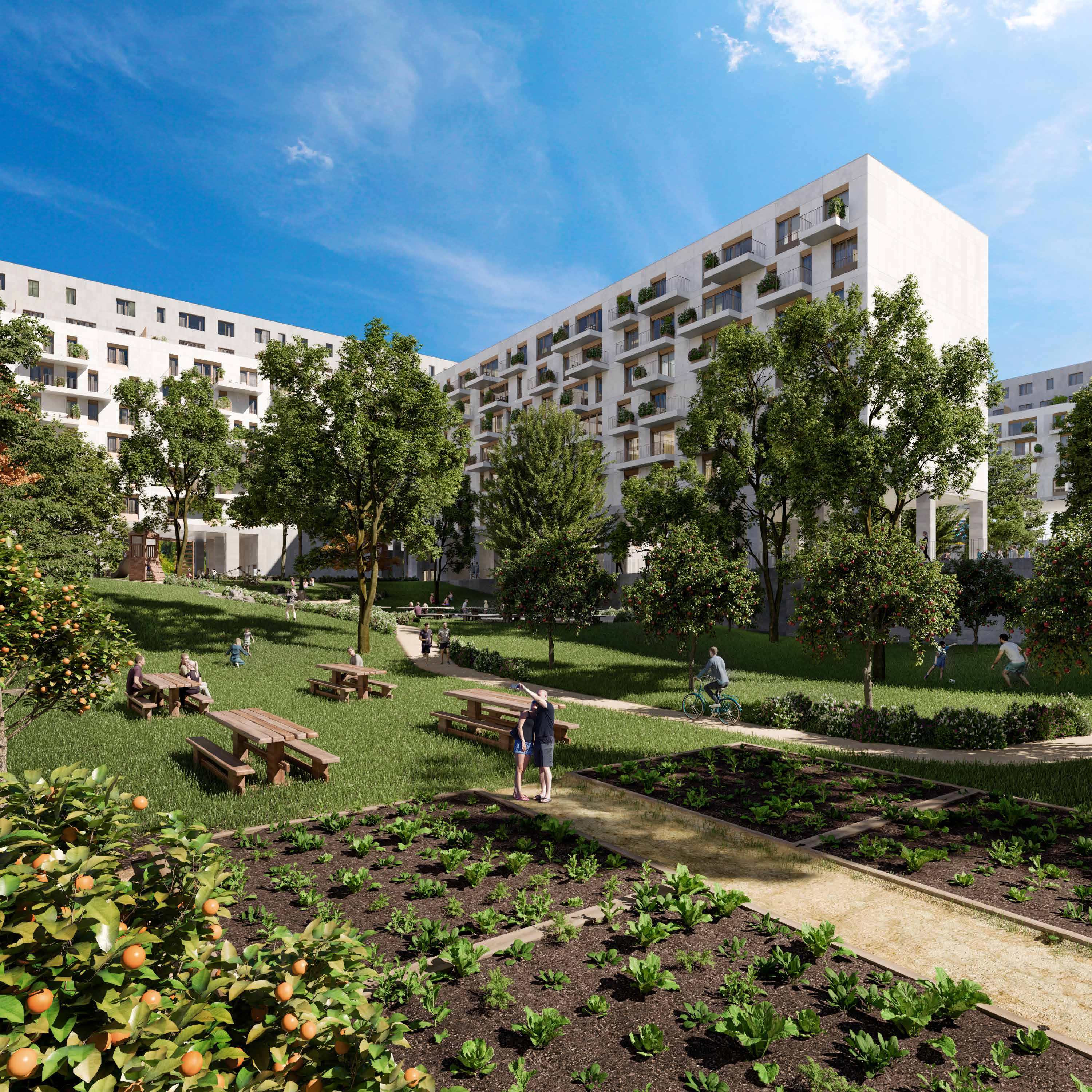 Perspetiva ilustrativa dos jardins e edifícios da primeira fase do Antas Atrium, no Porto